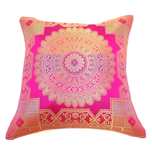 Pink 12x12 Inch Cushion Covers Indian Banarasi Mandala Woven Zari Brocade Silk