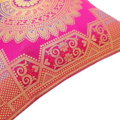 Pink 12x12 Inch Cushion Covers Indian Banarasi Mandala Woven Zari Brocade Silk