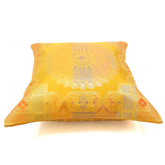12x12 Inch Cushion Cover Mustard Banarasi Mandala Woven Zari Brocade Silk
