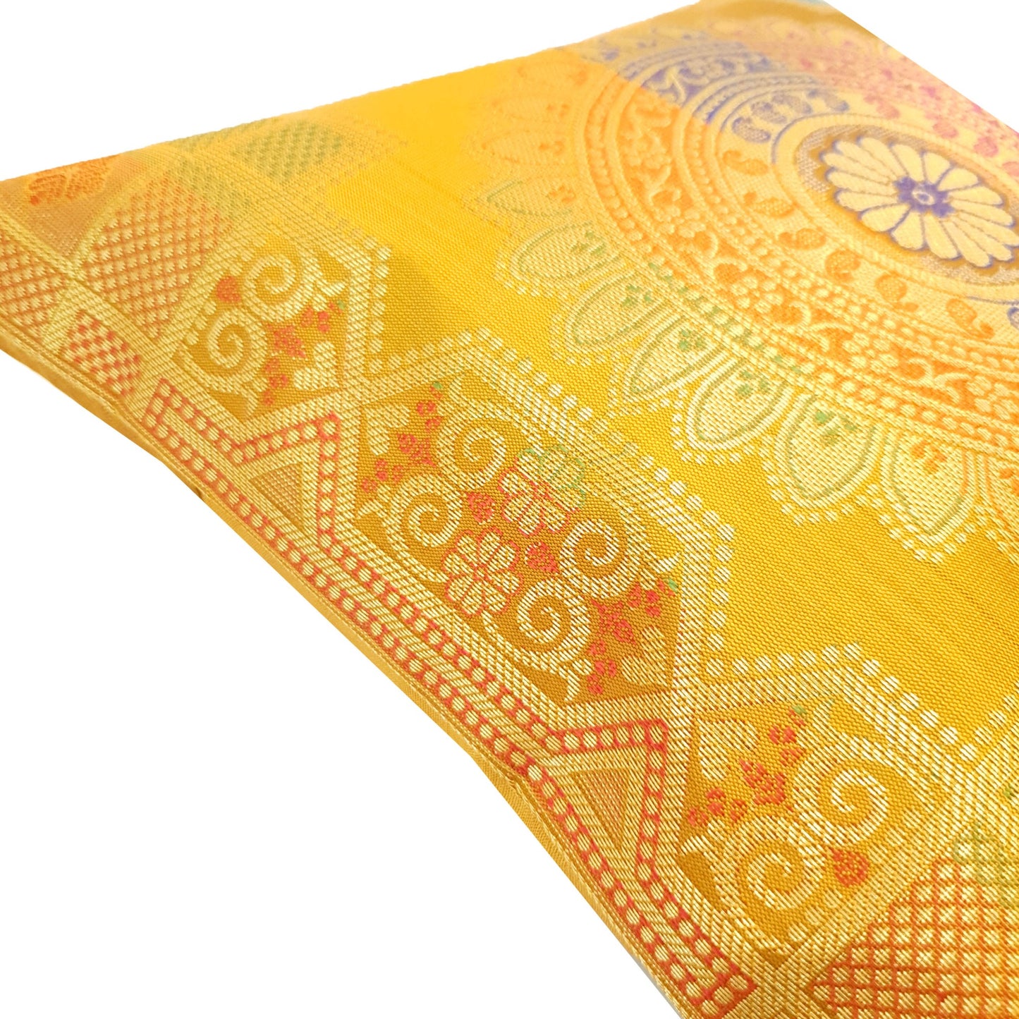 12x12 Inch Cushion Cover Mustard Banarasi Mandala Woven Zari Brocade Silk