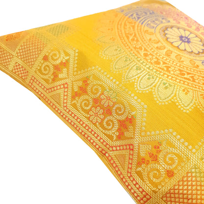 12x12 Inch Cushion Cover Mustard Banarasi Mandala Woven Zari Brocade Silk