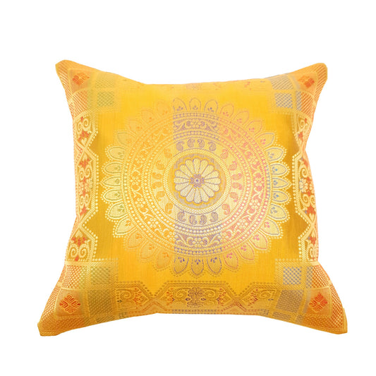 12x12 Inch Cushion Cover Mustard Banarasi Mandala Woven Zari Brocade Silk