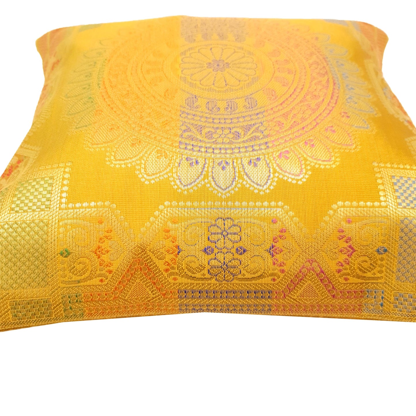 12x12 Inch Cushion Cover Mustard Banarasi Mandala Woven Zari Brocade Silk