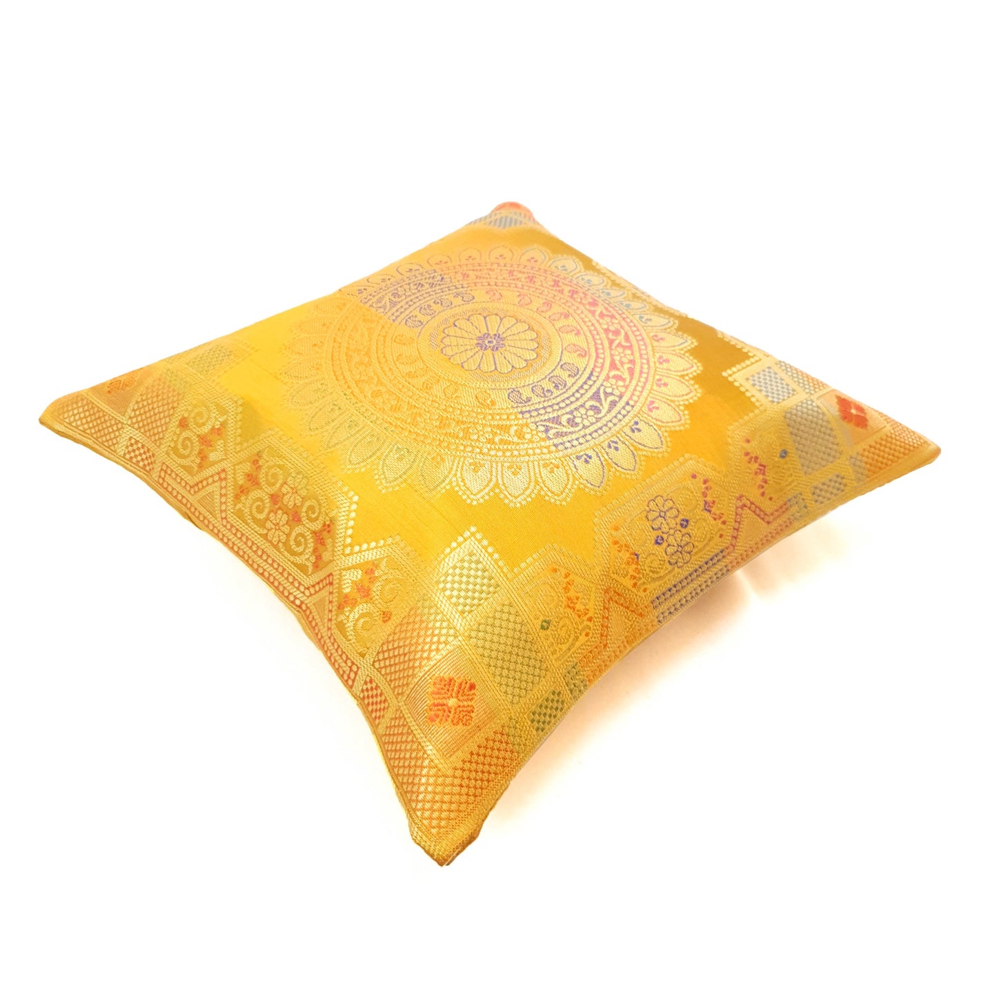 12x12 Inch Cushion Cover Mustard Banarasi Mandala Woven Zari Brocade Silk