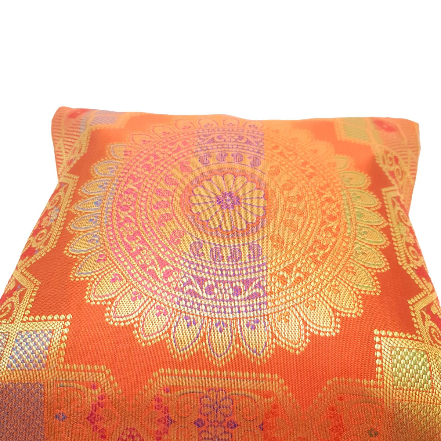 12x12 Inch Cushion Cover Orange Banarasi Mandala Woven Zari Brocade Silk