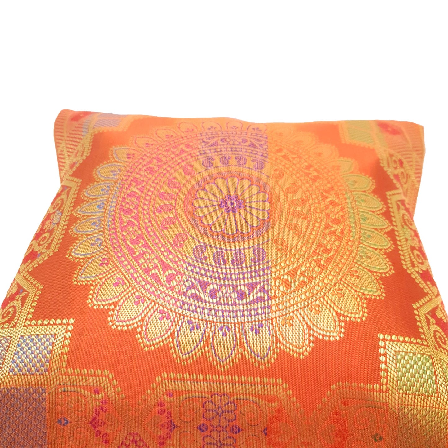 12x12 Inch Cushion Cover Orange Banarasi Mandala Woven Zari Brocade Silk
