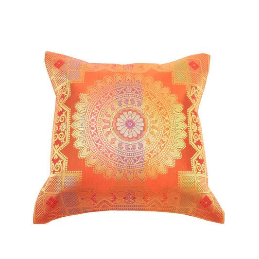 12x12 Inch Cushion Cover Orange Banarasi Mandala Woven Zari Brocade Silk