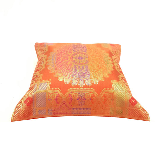 12x12 Inch Cushion Cover Orange Banarasi Mandala Woven Zari Brocade Silk