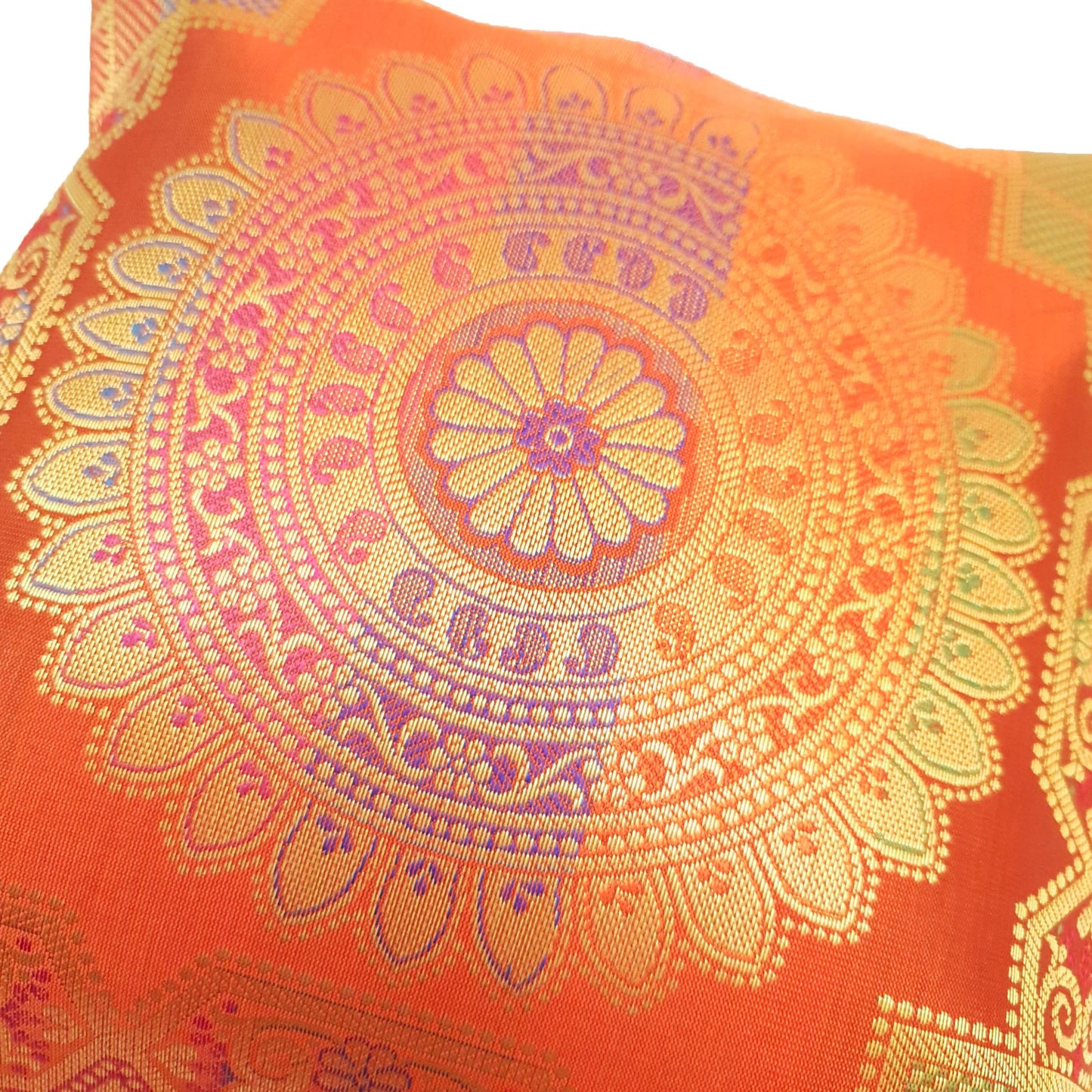 12x12 Inch Cushion Cover Orange Banarasi Mandala Woven Zari Brocade Silk