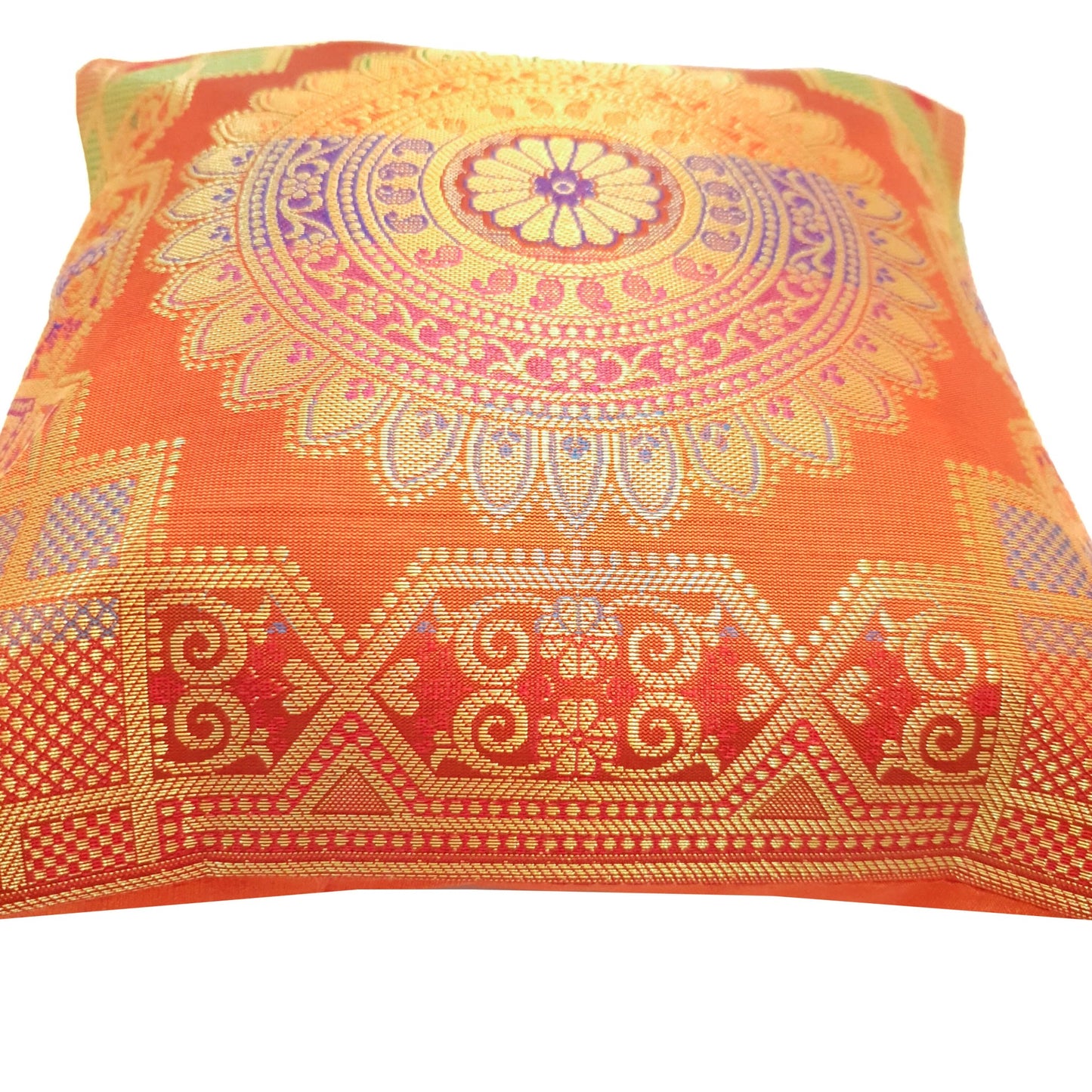12x12 Inch Cushion Cover Orange Banarasi Mandala Woven Zari Brocade Silk