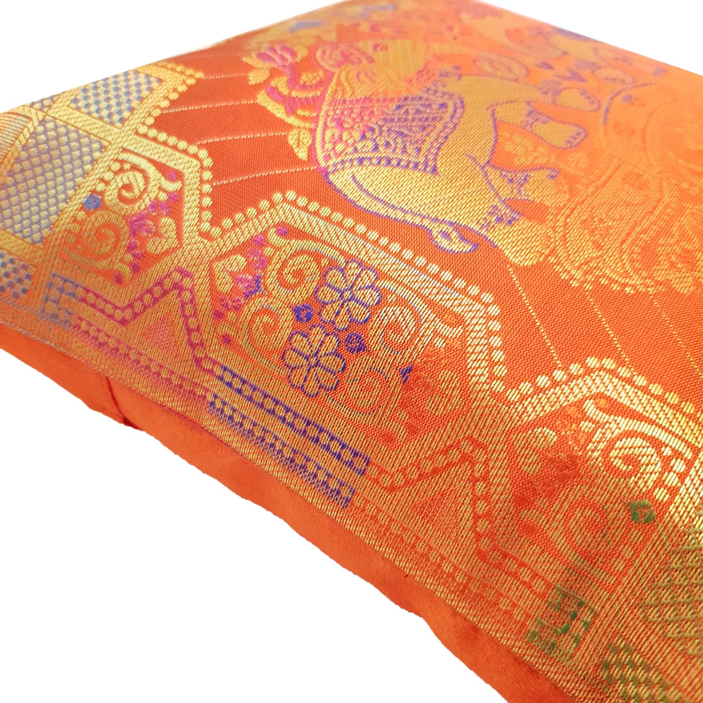 12x12 Inch Cushion Cover Orange Banarasi Mandala Woven Zari Brocade Silk
