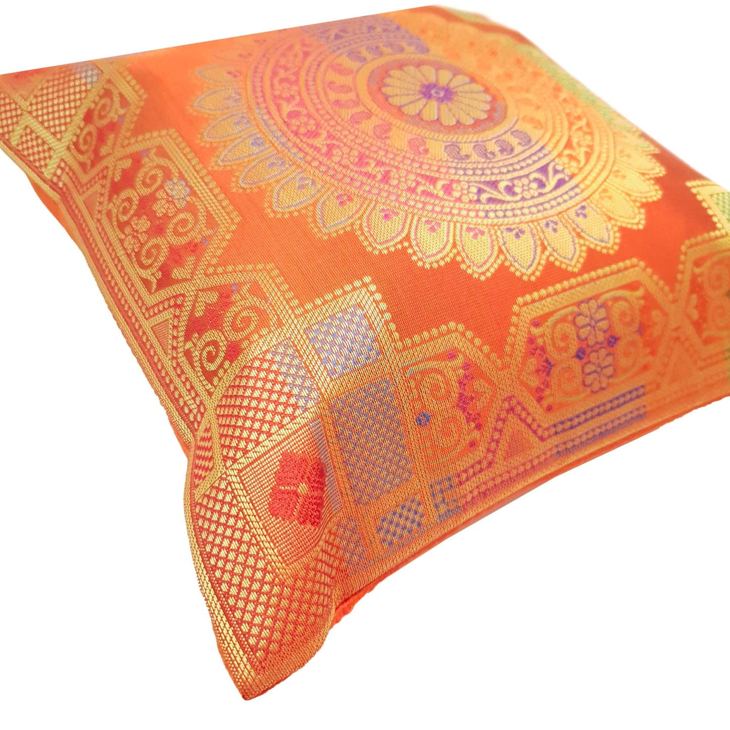 12x12 Inch Cushion Cover Orange Banarasi Mandala Woven Zari Brocade Silk