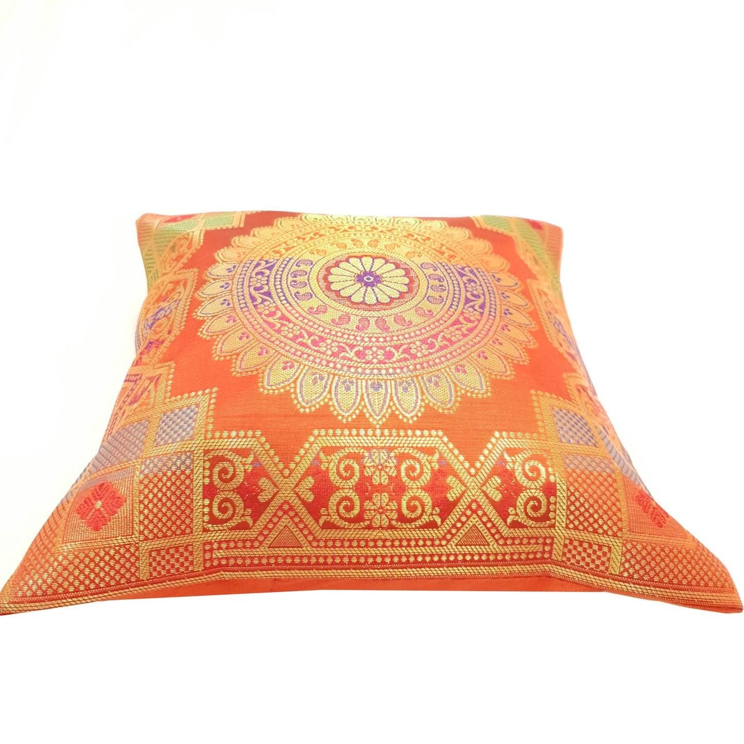 12x12 Inch Cushion Cover Orange Banarasi Mandala Woven Zari Brocade Silk