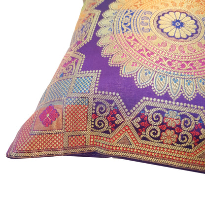Purple 12x12 Inch Cushion Covers Indian Banarasi Mandala Woven Zari Brocade Silk