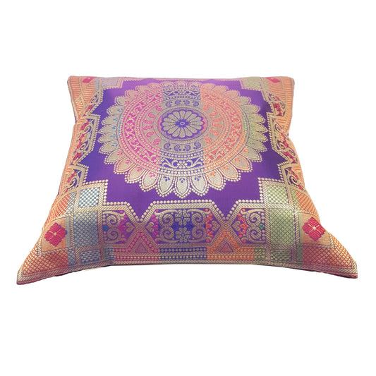 Purple 12x12 Inch Cushion Covers Indian Banarasi Mandala Woven Zari Brocade Silk