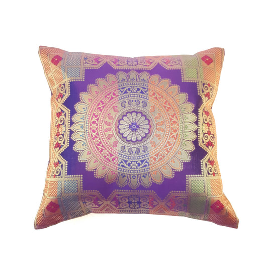 Purple 12x12 Inch Cushion Covers Indian Banarasi Mandala Woven Zari Brocade Silk