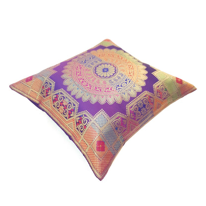 Purple 12x12 Inch Cushion Covers Indian Banarasi Mandala Woven Zari Brocade Silk