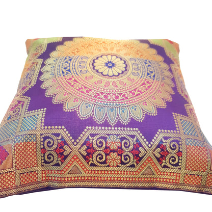 Purple 12x12 Inch Cushion Covers Indian Banarasi Mandala Woven Zari Brocade Silk