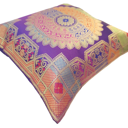 Purple 12x12 Inch Cushion Covers Indian Banarasi Mandala Woven Zari Brocade Silk
