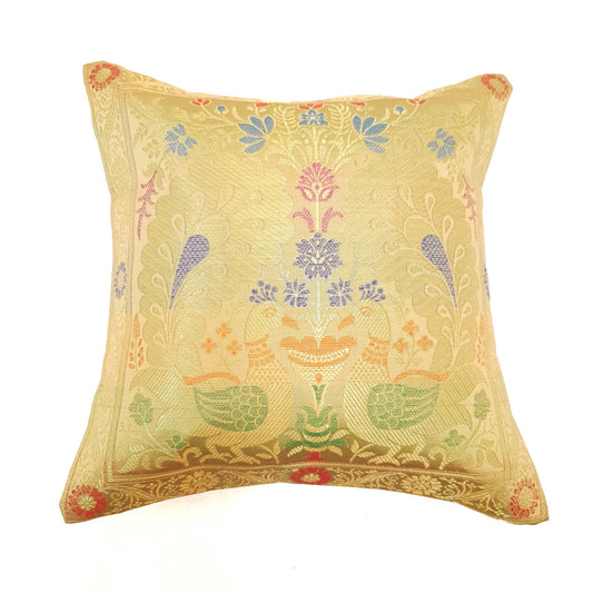 12x12 Inch Cushion Cover Beige Banarasi Decor Woven Peacock Zari Brocade Silk