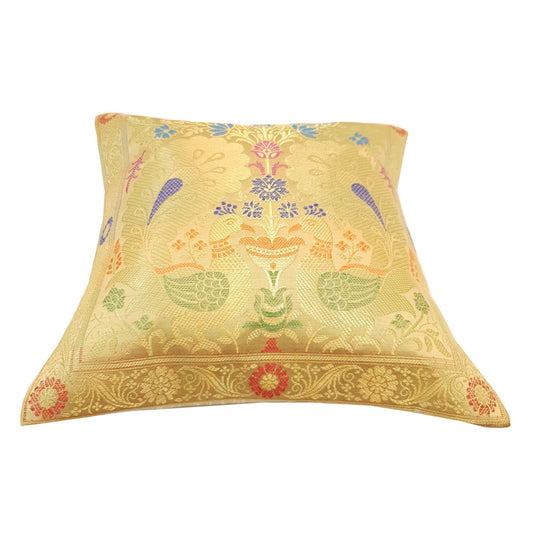 12x12 Inch Cushion Cover Beige Banarasi Decor Woven Peacock Zari Brocade Silk