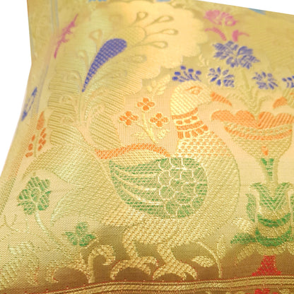 12x12 Inch Cushion Cover Beige Banarasi Decor Woven Peacock Zari Brocade Silk