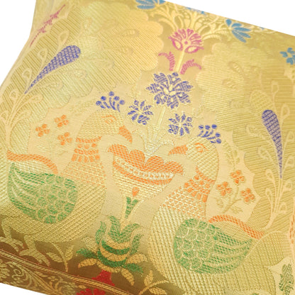 12x12 Inch Cushion Cover Beige Banarasi Decor Woven Peacock Zari Brocade Silk