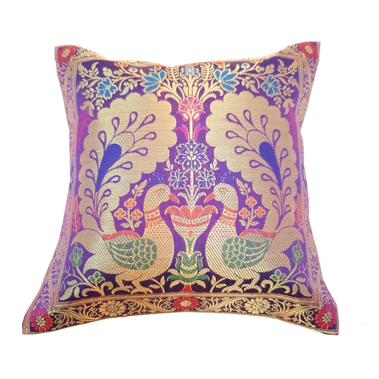 12x12 Inch Purple Cushion Cover Banarasi Decor Woven Peacock Zari Brocade Silk