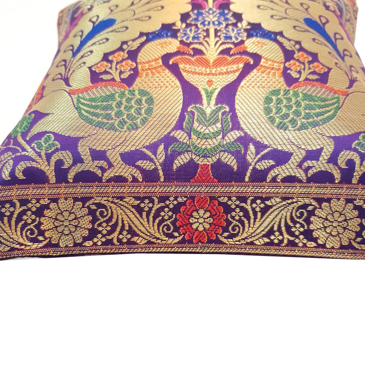 12x12 Inch Purple Cushion Cover Banarasi Decor Woven Peacock Zari Brocade Silk