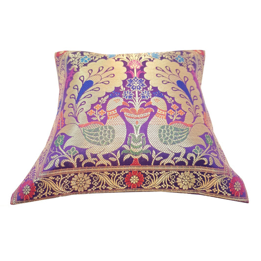 12x12 Inch Purple Cushion Cover Banarasi Decor Woven Peacock Zari Brocade Silk