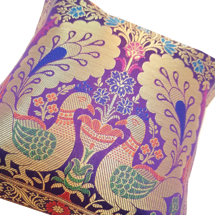 12x12 Inch Purple Cushion Cover Banarasi Decor Woven Peacock Zari Brocade Silk