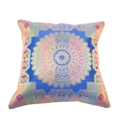 Blue 12x12 Inch Cushion Covers Indian Banarasi Mandala Woven Zari Brocade Silk