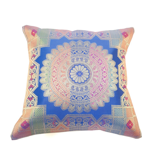 Blue 12x12 Inch Cushion Covers Indian Banarasi Mandala Woven Zari Brocade Silk