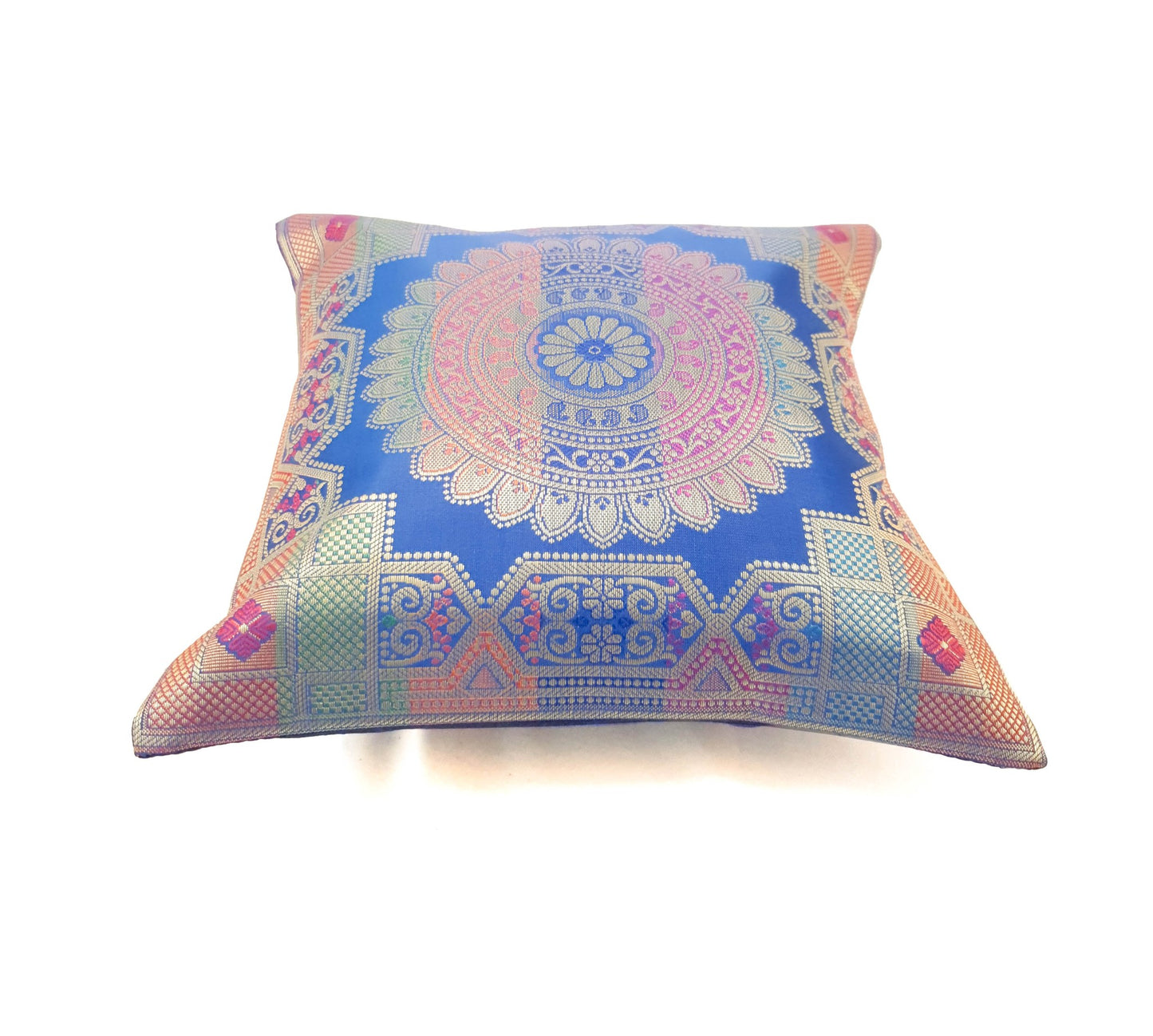 Blue 12x12 Inch Cushion Covers Indian Banarasi Mandala Woven Zari Brocade Silk