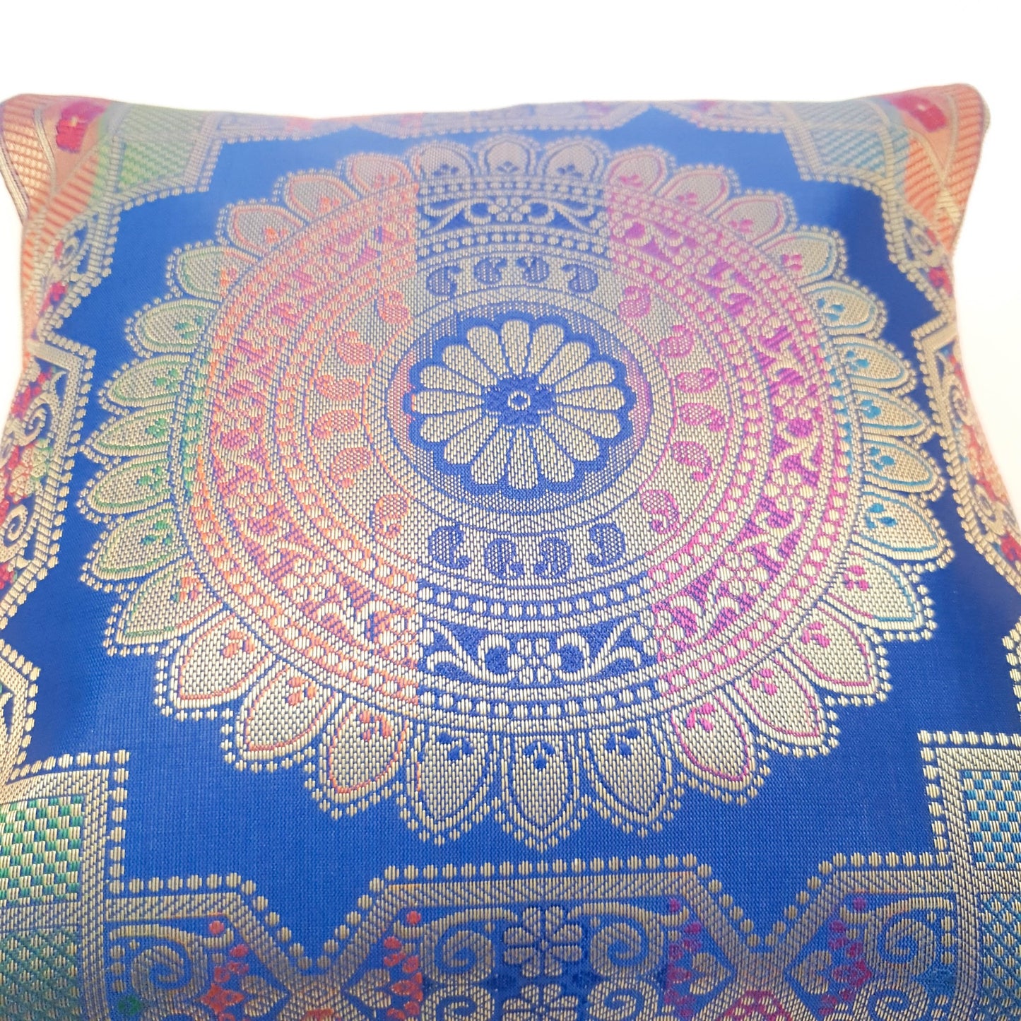 Blue 12x12 Inch Cushion Covers Indian Banarasi Mandala Woven Zari Brocade Silk