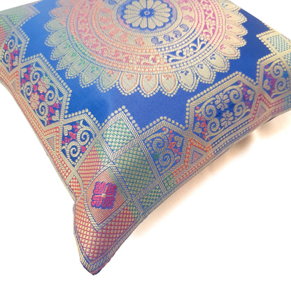 Blue 12x12 Inch Cushion Covers Indian Banarasi Mandala Woven Zari Brocade Silk