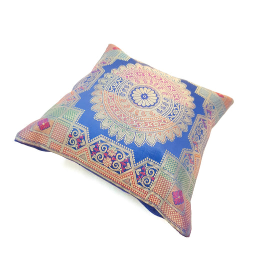 Blue 12x12 Inch Cushion Covers Indian Banarasi Mandala Woven Zari Brocade Silk