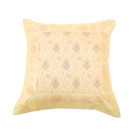 12x12 Inch Indian Woven Zari Brocade Banarasi Silk Floral Cream Cushion Covers