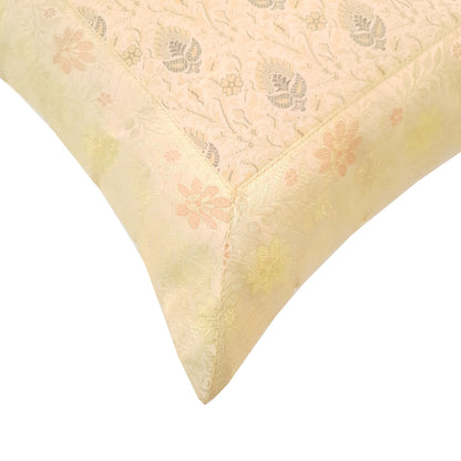 12x12 Inch Indian Woven Zari Brocade Banarasi Silk Floral Cream Cushion Covers