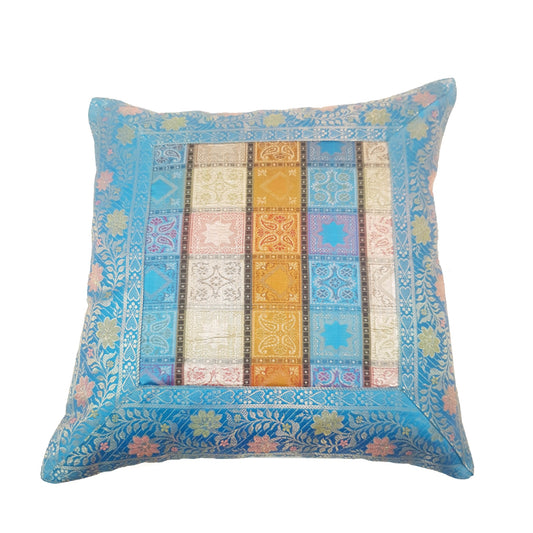 16X16 Inch Banarasi Cushion Covers Zari Brocade Silk MultiColor Blue Check Decor