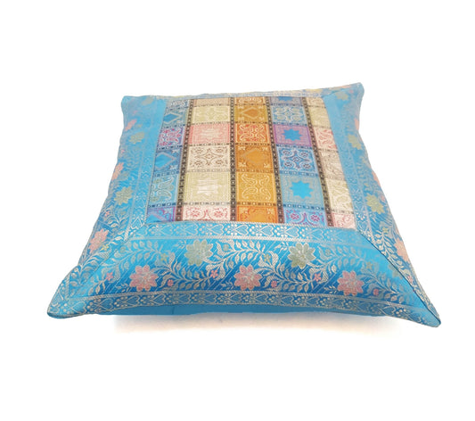 16X16 Inch Banarasi Cushion Covers Zari Brocade Silk MultiColor Blue Check Decor