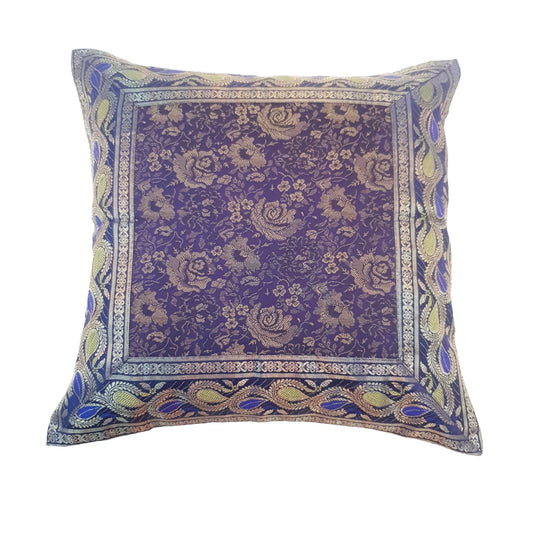 16x16 Inch Blue Cushion Cover Floral Woven Zari Brocade Banarasi Silk Home Decor