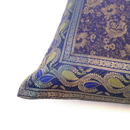 16x16 Inch Blue Cushion Cover Floral Woven Zari Brocade Banarasi Silk Home Decor