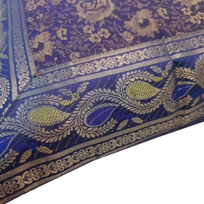 16x16 Inch Blue Cushion Cover Floral Woven Zari Brocade Banarasi Silk Home Decor