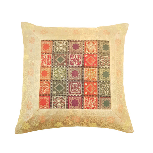 16X16 Inch Banarasi Cushion Covers Zari Brocade Silk Multi-Color Checks Decor