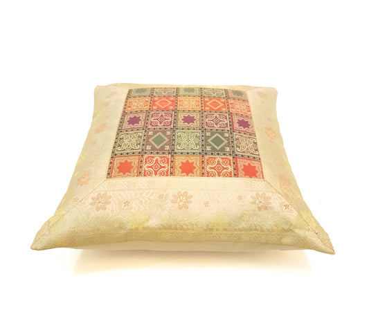 16X16 Inch Banarasi Cushion Covers Zari Brocade Silk Multi-Color Checks Decor