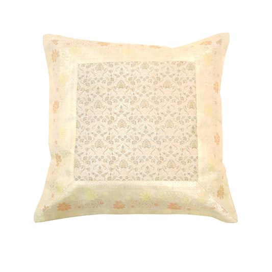 16x16 Inch White Cushion Covers Floral Woven Zari Brocade Banarasi Silk Decor