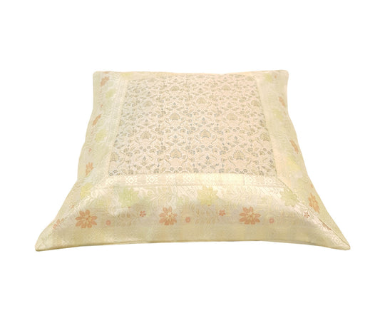 16x16 Inch White Cushion Covers Floral Woven Zari Brocade Banarasi Silk Decor