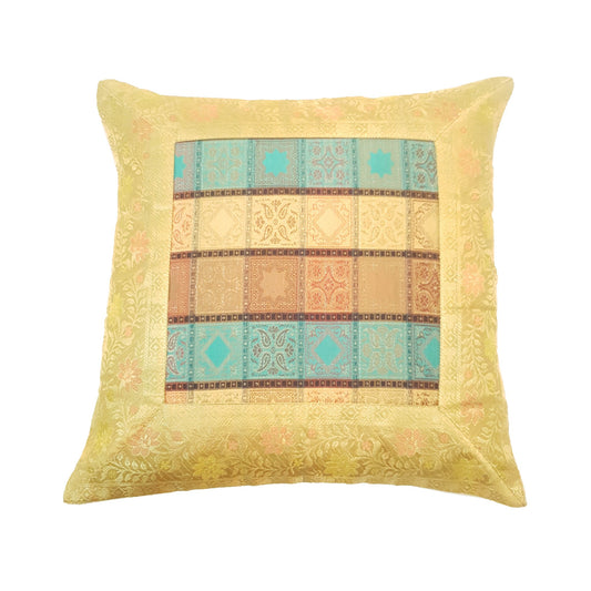 16X16 Inch Banarasi Cushion Covers Zari Brocade Silk Multi-Color Checks Decor