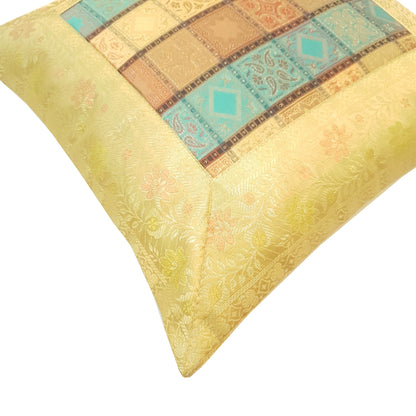 16X16 Inch Banarasi Cushion Covers Zari Brocade Silk Multi-Color Checks Decor